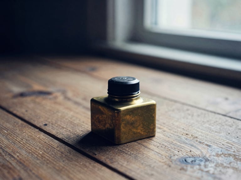 Moody close-up of a vintage brass inkwell on a rustic wooden table, soft natural light from a side window, deep indigo shadows
