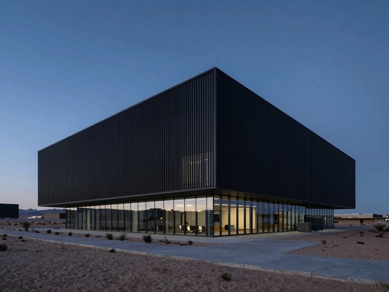 Wide architectural shot of a modern minimalist office building with sharp lines, set against the St George desert landscape at twilight blue-hour, deep charcoal and horizon blue tones.