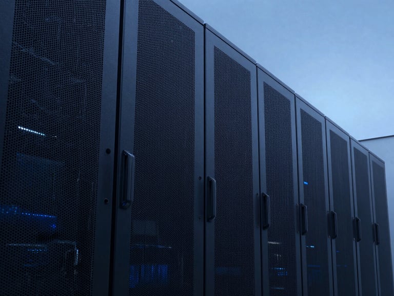 Tight architectural detail of server room structural lines, cool blue-hour lighting, minimalist high-end venture aesthetic.