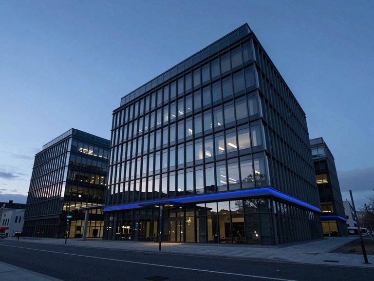 Wide-angle architectural photography of a modern glass office in St George, cool twilight blue-hour lighting, sharp geometric lines, horizon blue accents.