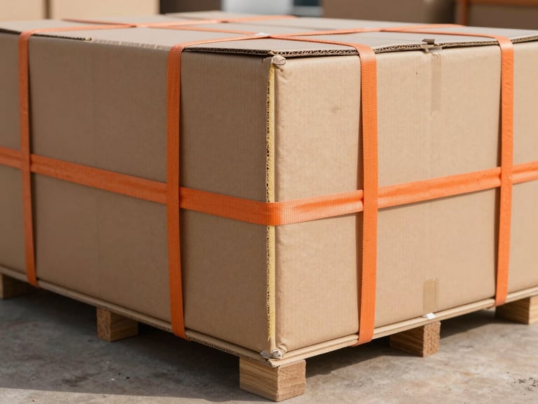 Wide-angle panoramic view of a heavy-duty cardboard shipping crate corner, reinforced with bright orange tension straps and thick foam padding, clean UAE daylight.