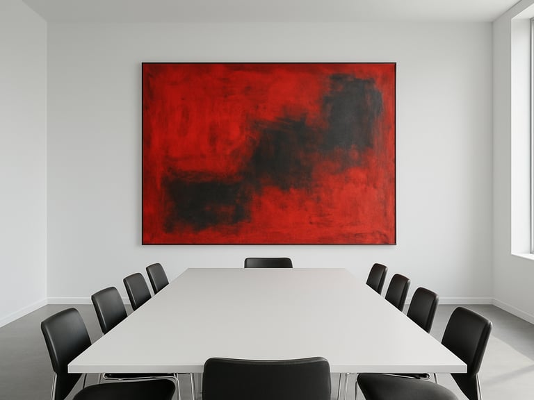 An architectural wide shot of a minimalist gallery boardroom, a massive vibrant red and charcoal abstract painting hanging on a crisp white wall, bright natural daylight, 35mm