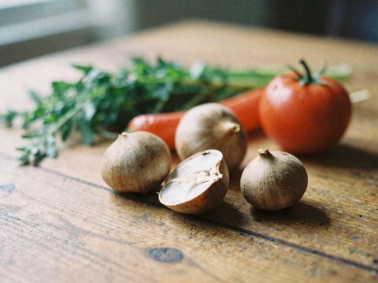 Close-up of fresh seasonal ingredients on a rustic wooden table with soft natural daylight, warm earthy tones, shallow depth of field, 35mm film aesthetic.