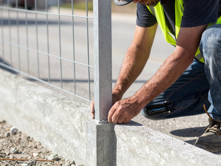 Close-up of a Carjen Fence Co. crew member carefully setting a fence post into concrete, wearing safety gear, bright daylight, focused action, 35mm lens.
