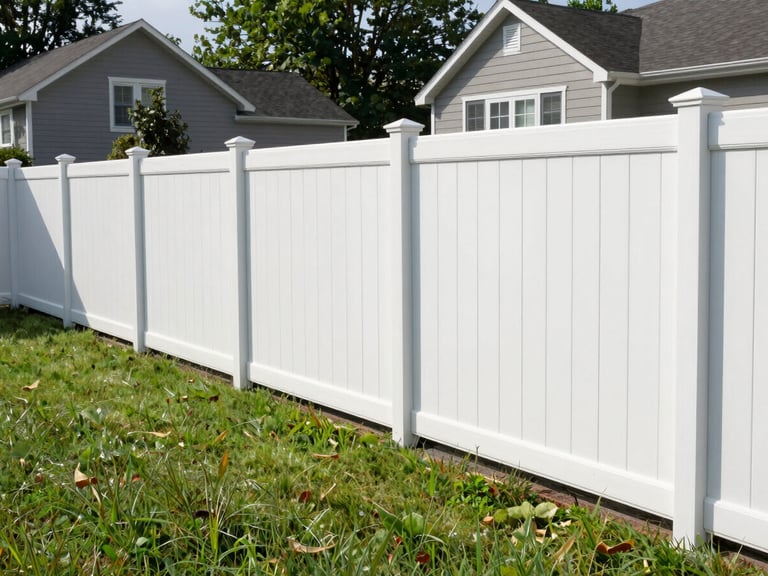 Eye-level shot of a newly installed white vinyl fence in a suburban Westchester backyard, bright daylight, clean lines, green lawn, 35mm lens.