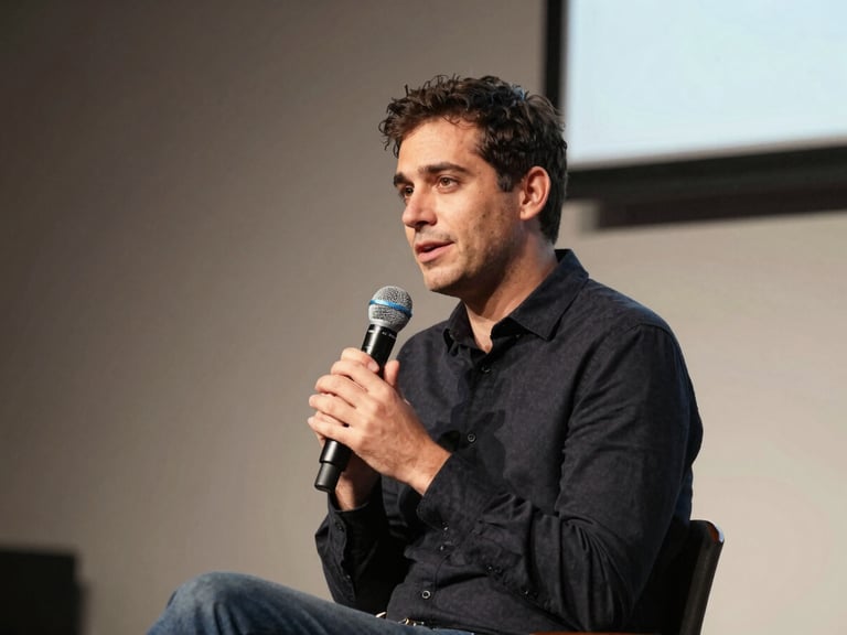 Medium shot of Milton speaking at a modern creative business forum, holding a microphone, dressed in a smart casual dark shirt, warm natural lighting, minimalist stage background