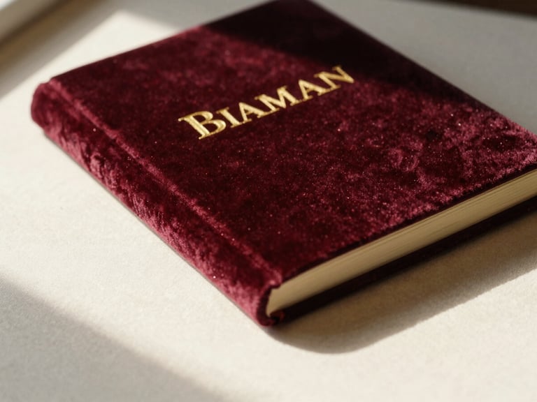 Close-up of a luxurious velvet-bound reading journal with gold-embossed lettering on a cream linen surface, warm candlelit shadows.
