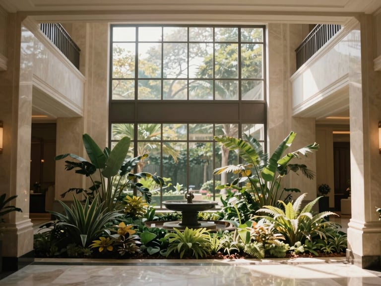 Sunlight illuminating a perfectly curated indoor garden inside a luxury house, architectural symmetry, warm editorial style.