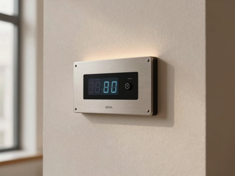 Close-up of a high-end digital control panel on a textured plaster wall, soft side lighting, elegant minimalist interior.