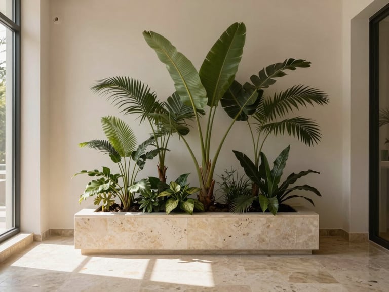 A perfectly watered indoor tropical garden in a minimalist stone planter, warm sunlight casting soft shadows on a travertine floor.