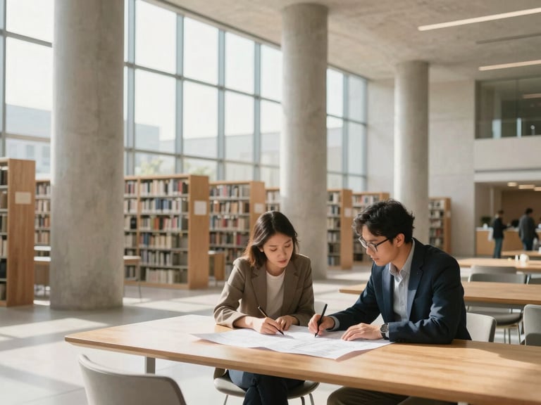 A bright modern architectural library with soaring concrete columns and warm morning light filtering through high windows, two leaders sitting at a light oak table reviewing blueprints, shallow depth of field, 35mm lens.
