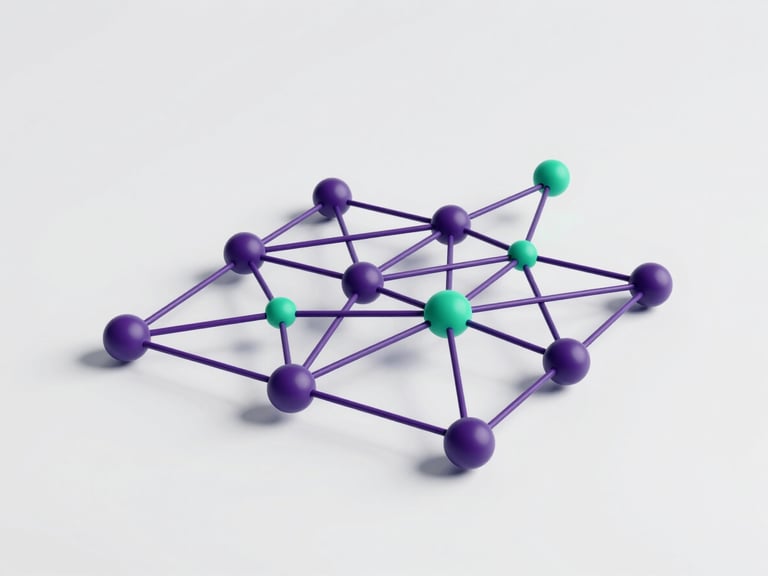 Clean 3D digital render of an abstract geometric node network representing customized learning paths, deep amethyst and emerald accents, high-fidelity UI dashboard elements in the background, soft studio lighting.
