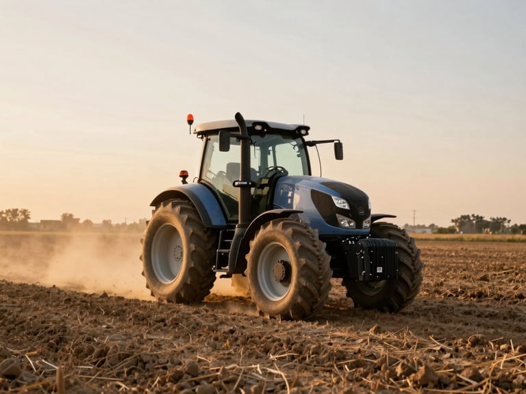 Wide-angle environmental shot of a modern tractor operating in a dusty field during warm golden-hour sunlight, rich earthy tones, 35mm lens