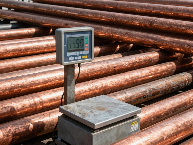 Close-up of a digital industrial scale weighing heavy copper pipes in a scrap yard, high-visibility safety gear visible, harsh sunlight, high-contrast metal textures.