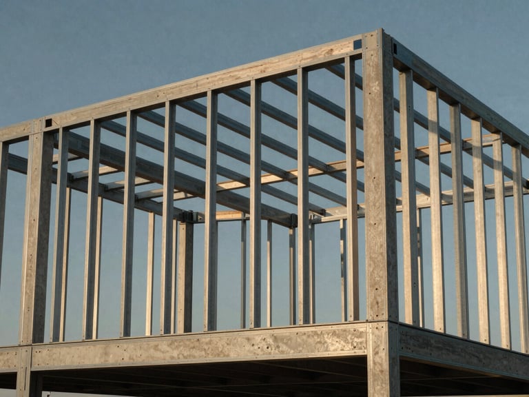 Close-up architectural render of a modular home's steel frame structure, sharp focus, geometric patterns, crisp midday sun casting strong shadows.
