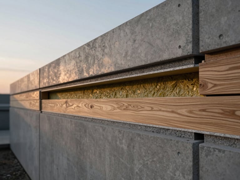 Cross-section architectural render of a modular wall showing insulation layers and exterior cladding, technical detail, precise lines, studio lighting.