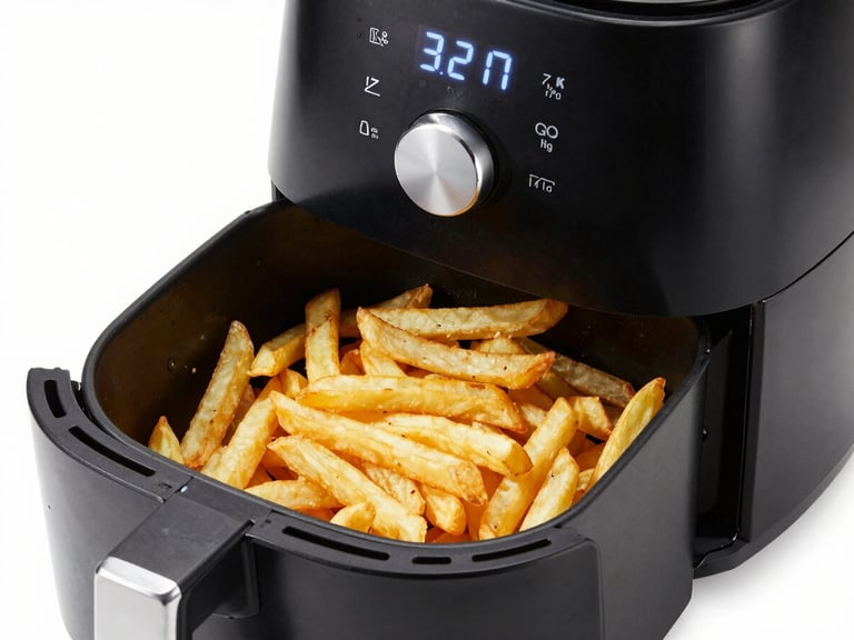 Crisp studio shot of a black digital air fryer with golden crispy french fries inside, high-key lighting, clean white background