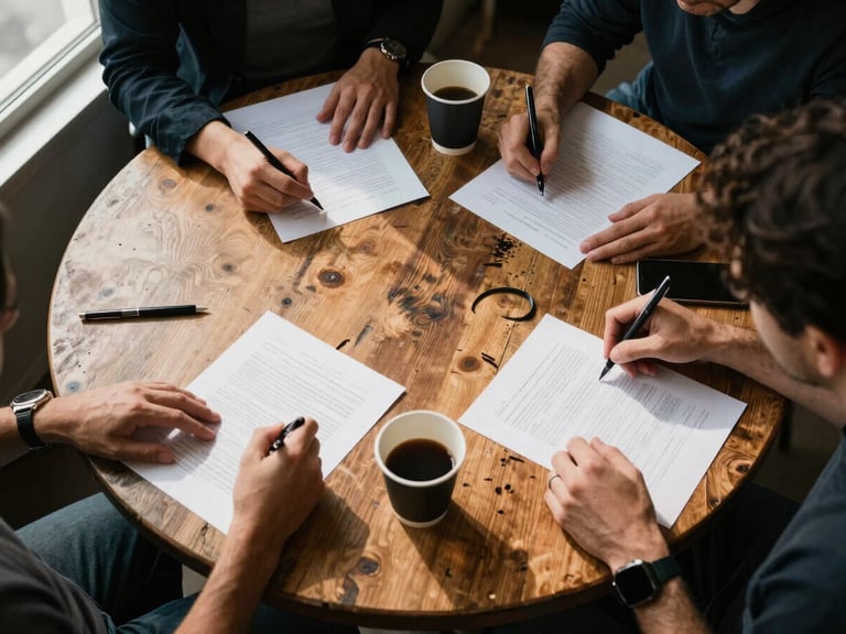 Overhead shot of a small group seated around a round table covered in paper, pens, and coffee cups, hands visible mid-activity, natural afternoon light from a nearby window, candid and unposed, warm shadow detail on worn wood