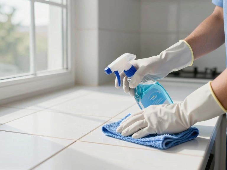 Wide environmental shot of a professional cleaner's gloved hands applying commercial-grade cleaning solution to a white tile grout line, a heavy-duty spray bottle and microfiber cloth visible on the counter beside them, bright natural daylight flooding in from a large window at left, crisp and unflinching