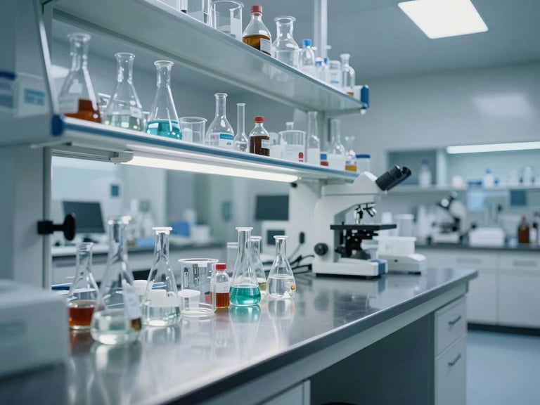 Wide environmental shot of a sterile, clinical laboratory with high-precision glassware and stainless steel surfaces, cool controlled lighting, sharp architectural perspective, no people.