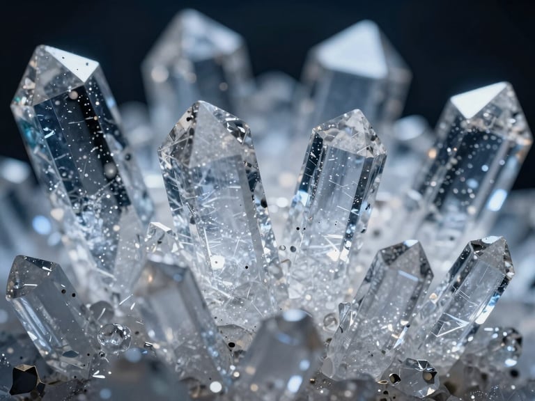 Extreme close-up of high-purity crystalline structures under cool clinical light, sharp geometric facets, deep navy and stark white tones.