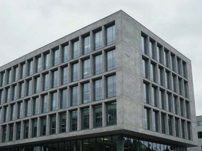 Minimalist architectural lines of a modern corporate headquarters, cool clinical gray concrete and glass facade, soft overcast daylight, clean composition.