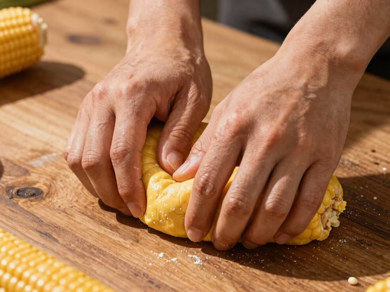 Hands kneading raw yellow corn dough on a rustic wooden table, direct warm sunlight casting deep shadows, macro texture.