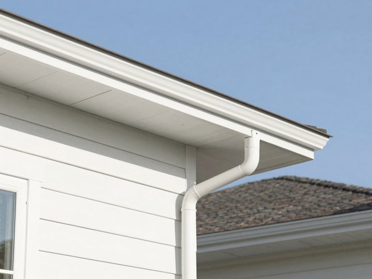 Bright morning sunlight illuminating a clean suburban home exterior with pristine white eavestroughs and clear downspouts, sharp focus, 35mm lens
