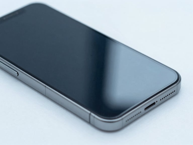 Close-up of a clean smartphone screen replacement process on a white ESD mat, bright cool daylight