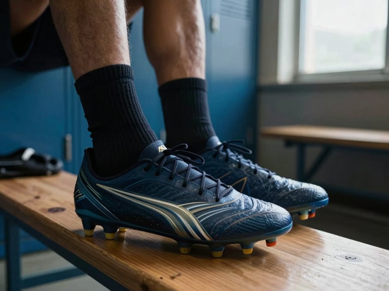 Tight close-up of football boots being laced on a wooden bench, natural high-contrast side light from a locker room window, raw athletic atmosphere.