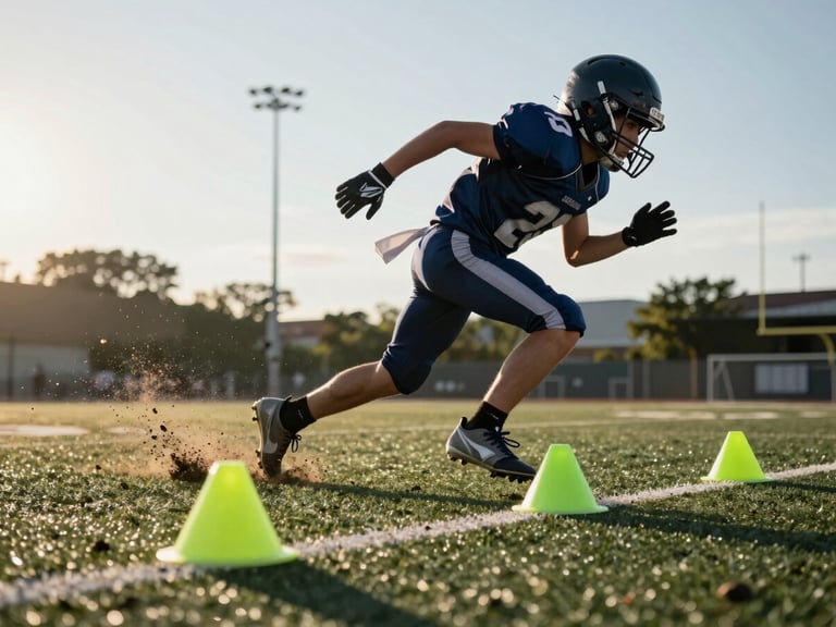 Low-angle action shot of a young football player mid-stride sprinting through neon training cones, mud kicking up from turf, sharp focus, dramatic afternoon sunlight.