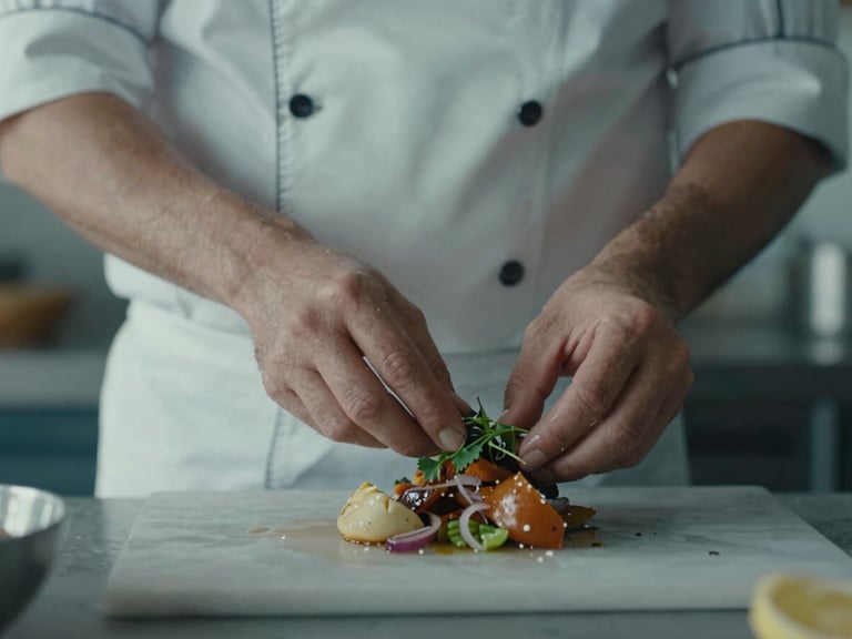 Close-up of a chef's hands preparing a delicate local dish in a rustic kitchen, natural daylight, soft blue and cool gray tones, cinematic, 35mm lens.