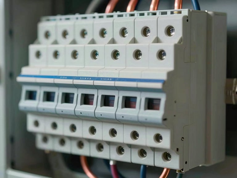Macro close-up of a newly wired residential breaker panel, clean copper conduit lines, crisp high-contrast work-site lighting