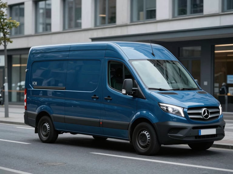 NoonMove delivery van on a clear, modern Hamburg street, emphasizing speed and efficiency, cool editorial photography, crisp overcast daylight, deep blue and turquoise tones.