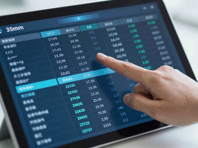 Close-up of a hand pointing at a digital dashboard displaying logistics data and transparent pricing on a tablet, modern office setting, crisp daylight