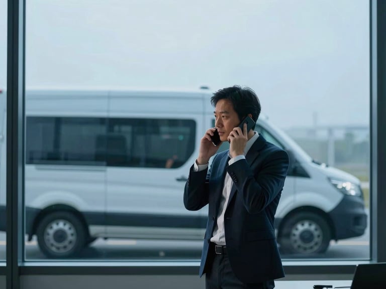 A professional in a modern office environment talking on the phone, a sleek delivery van visible through a large window in the background, cool morning light