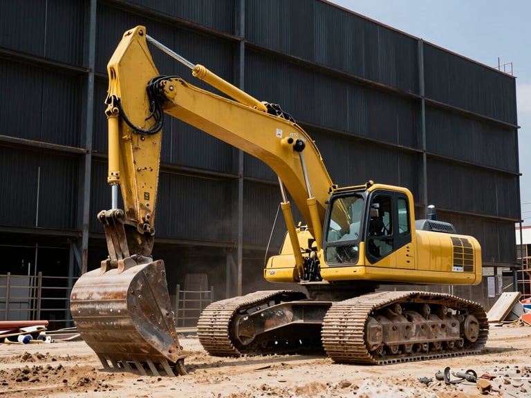 Low-angle heroic shot of a heavy yellow excavator leveling a massive industrial construction site in Campinas, harsh daylight, high contrast steel and dust textures, 35mm