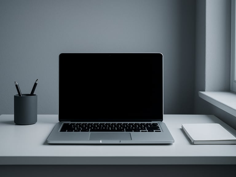 Straight-on architectural shot of a clean, minimalist home office desk with a laptop, illuminated by cool natural daylight from a side window, 35mm lens, high contrast slate and white tones.