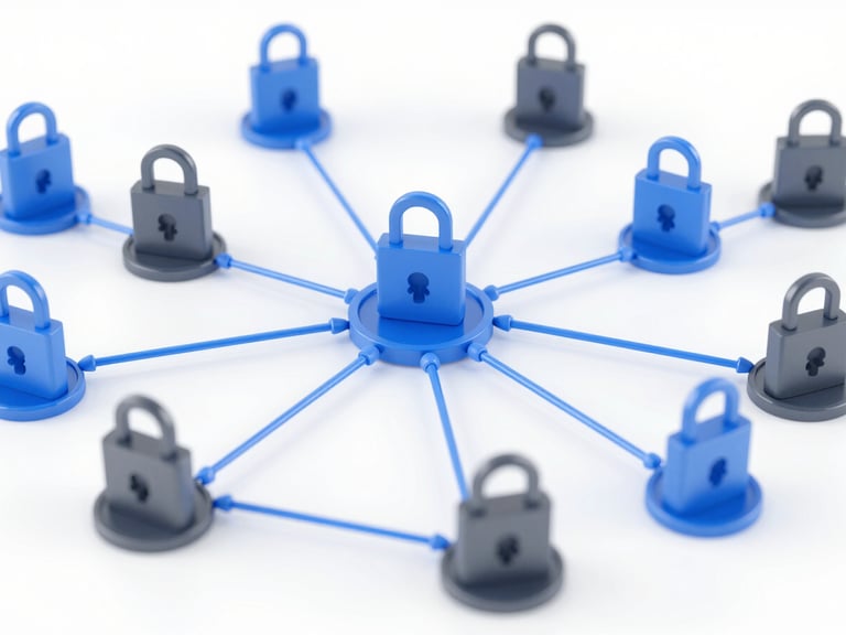 Abstract illustration of interconnected digital systems forming a secure network. Bright blue and slate tones, clean tech photography style, crisp focus, 35mm lens.