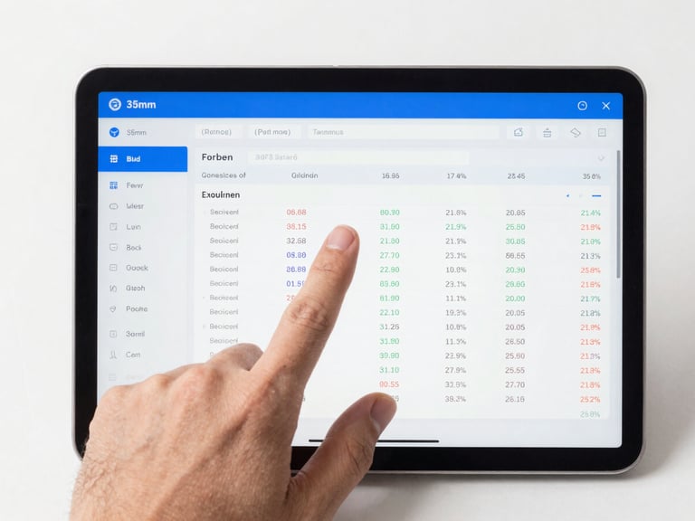 A hand pointing to a section on a digital financial report on a tablet screen, highlighting key metrics. Bright studio lighting, sharp focus, 35mm lens.