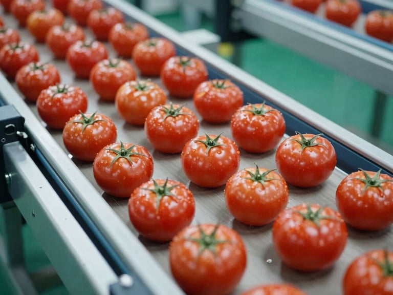 Close-up of fresh, vibrant red tomatoes being hand-sorted on a clean conveyor belt in a modern facility, bright industrial lighting, 35mm