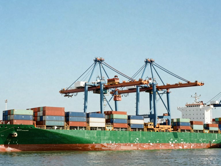 Container ship docked at a bustling port, cranes loading containers, clear blue sky, wide environmental shot, 35mm