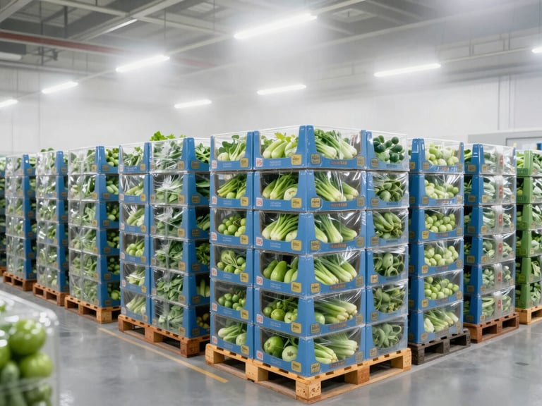 Interior of a modern cold storage facility, neatly stacked pallets of fresh produce boxes, misty air, bright industrial lighting, 35mm