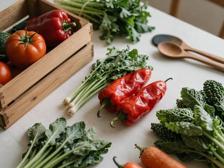 Overhead table spread of fresh organic vegetables, wooden crates, and rustic kitchen tools, soft diffused side-lighting, warm scandinavian tones, 35mm