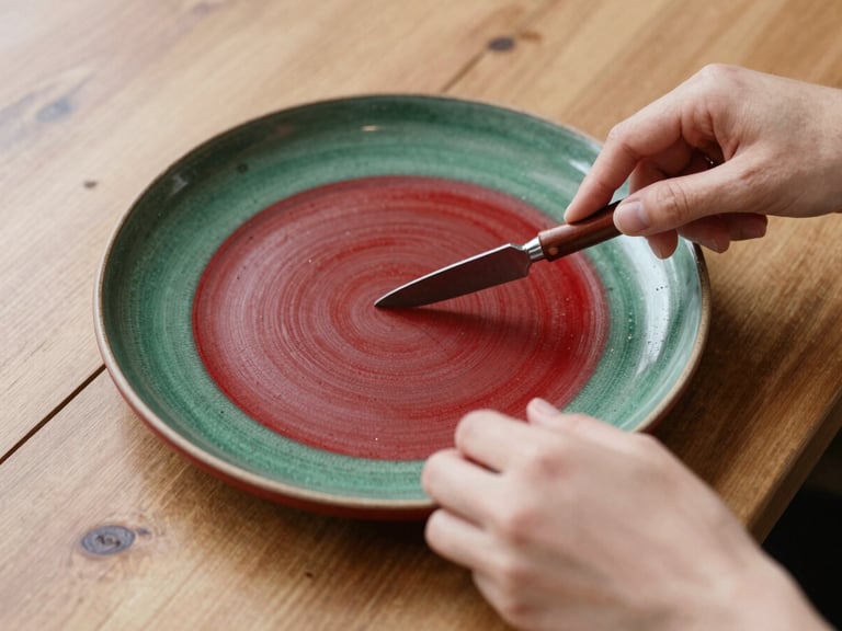 Overhead 35mm photograph of hands styling a rustic plate on a wooden table, soft natural side-light, rich crimson accents.