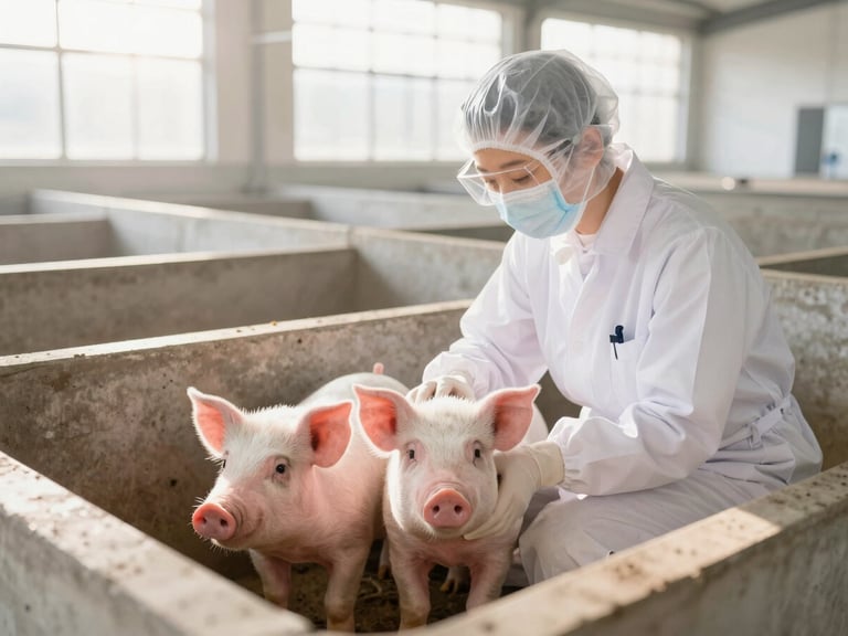 A professional veterinarian in clean white protective gear inspecting healthy young pigs in a bright, spacious, well-ventilated concrete pen, soft morning light filtering through.