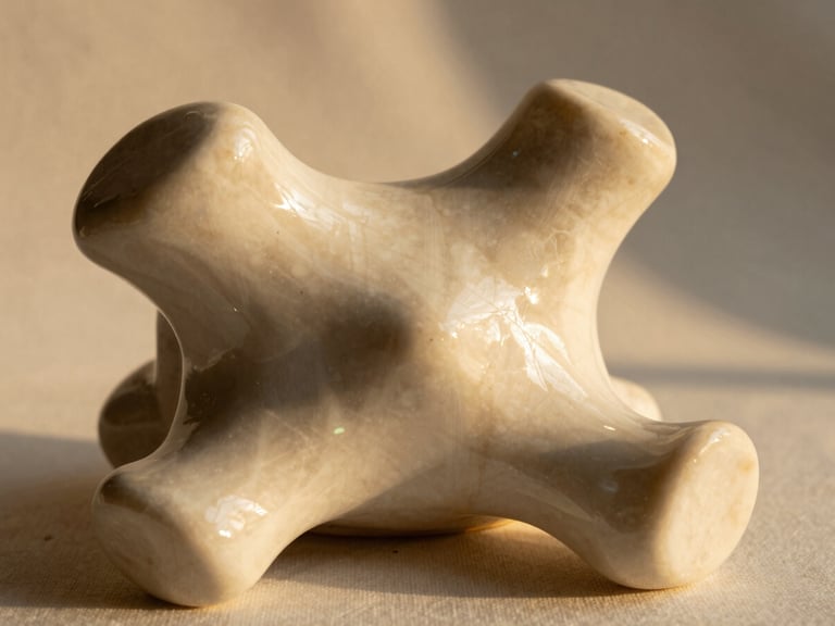 Macro close-up of a sculptural bone-like ceramic sculpture, warm golden sunlight, subtle prism reflections on a linen background, shallow depth of field