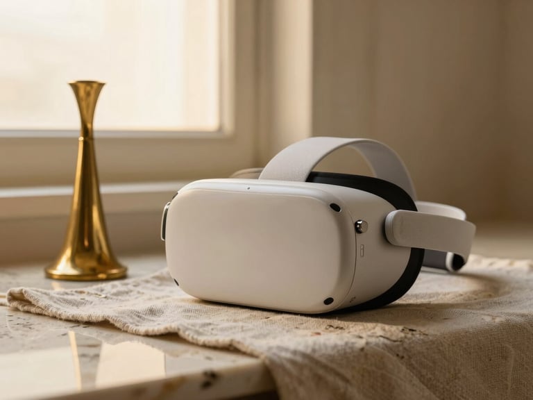 A sleek, minimalist VR headset resting on a linen cloth next to a sculptural brass instrument, low-contrast warm lighting, golden hour