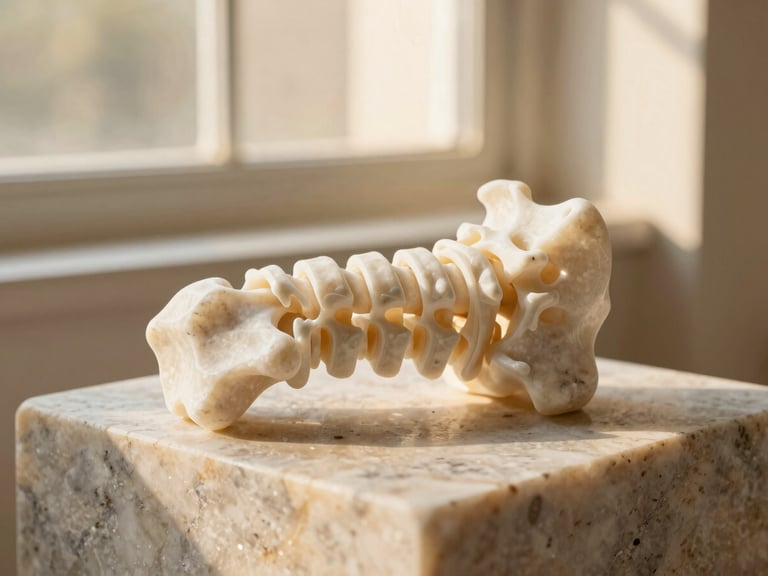 A sculptural 3D printed lumbar spine model resting on a block of raw travertine stone, warm sunlight, soft shadows
