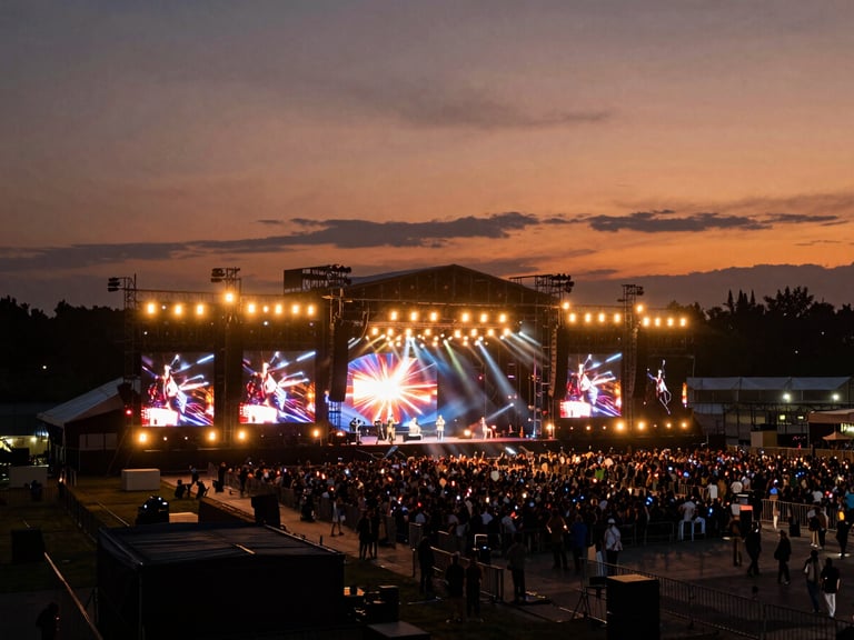 Escenario principal de un concierto masivo con estructuras complejas y luces dinámicas, visto desde una perspectiva elevada, al atardecer.